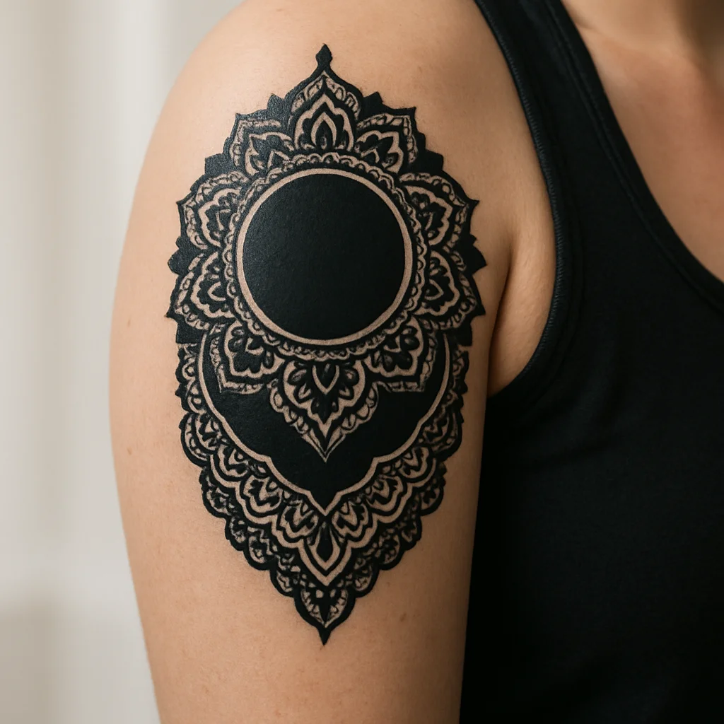 Blackwork ornamental medallion shoulder cap with lace scalloped hem down the bicep