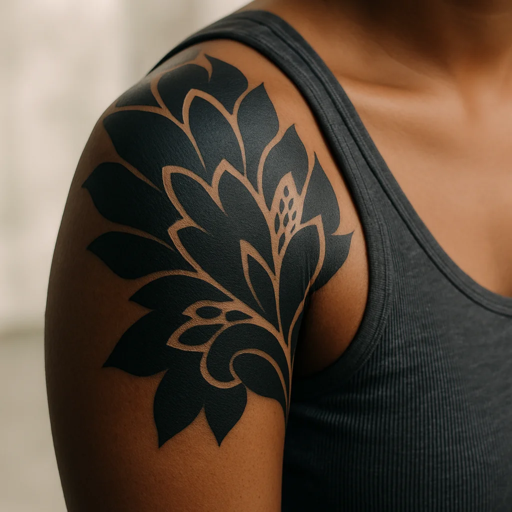 Blackwork ornamental petals with white highlight accents across the shoulder