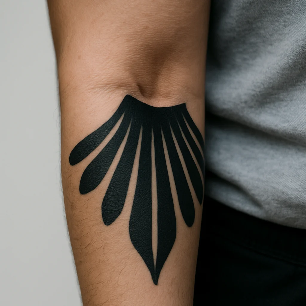 Blackwork ornamental rays radiating from the elbow ditch down the inner forearm