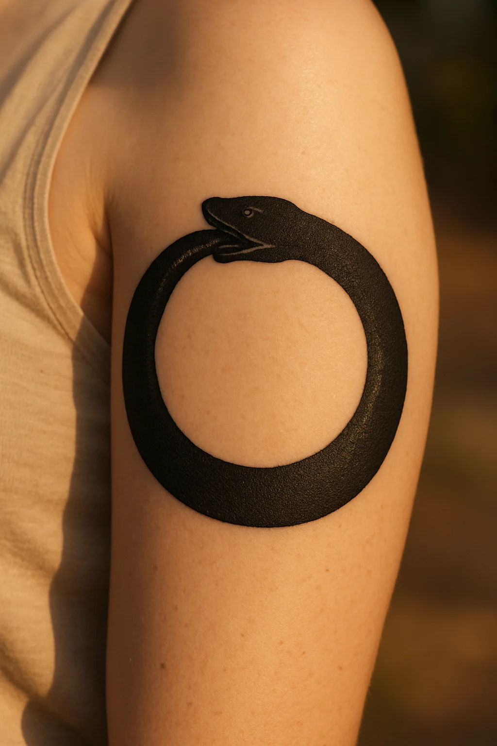 Blackwork ouroboros snake circling its tail tattooed on the upper arm