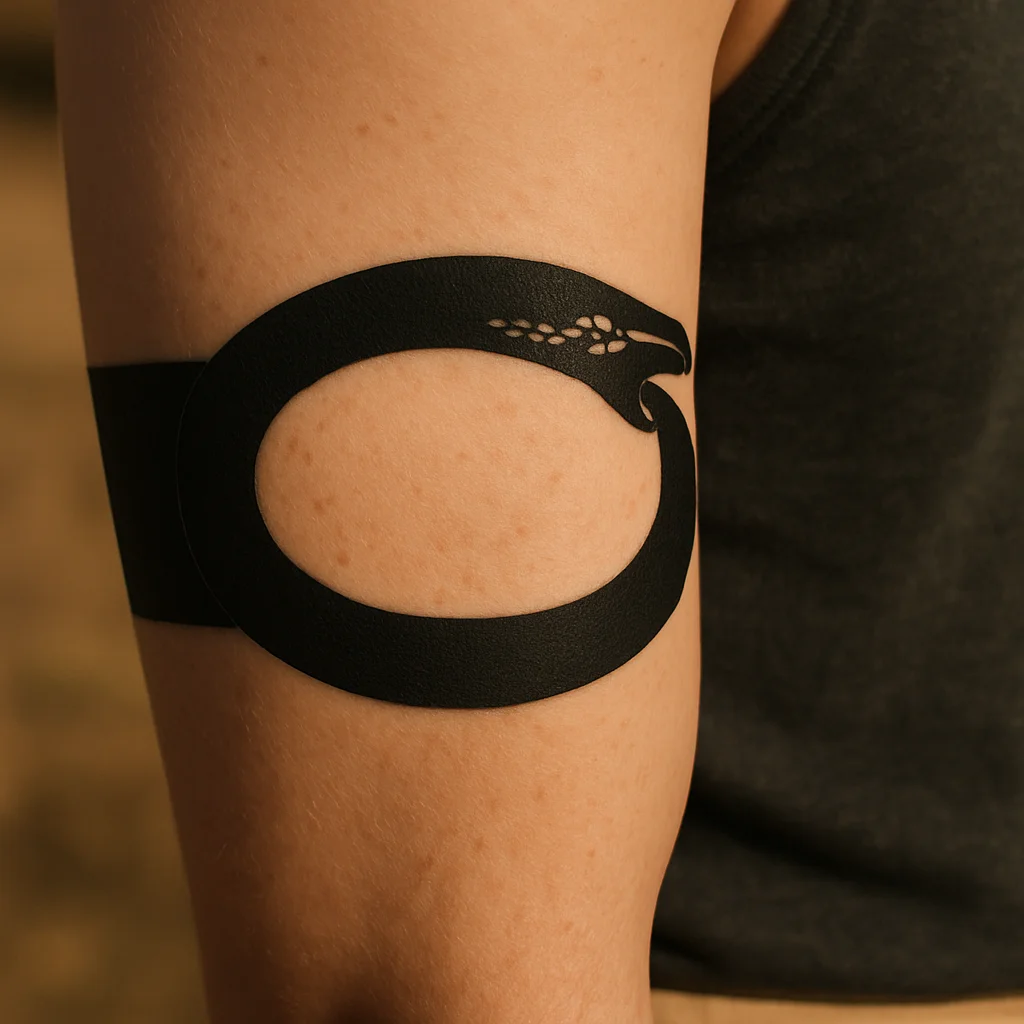 Blackwork ouroboros thin armband around the upper arm with head meeting tail inside
