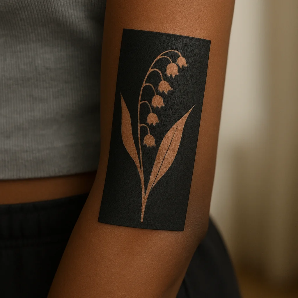Blackwork panel with a negative-space lily of the valley stem on the outer forearm