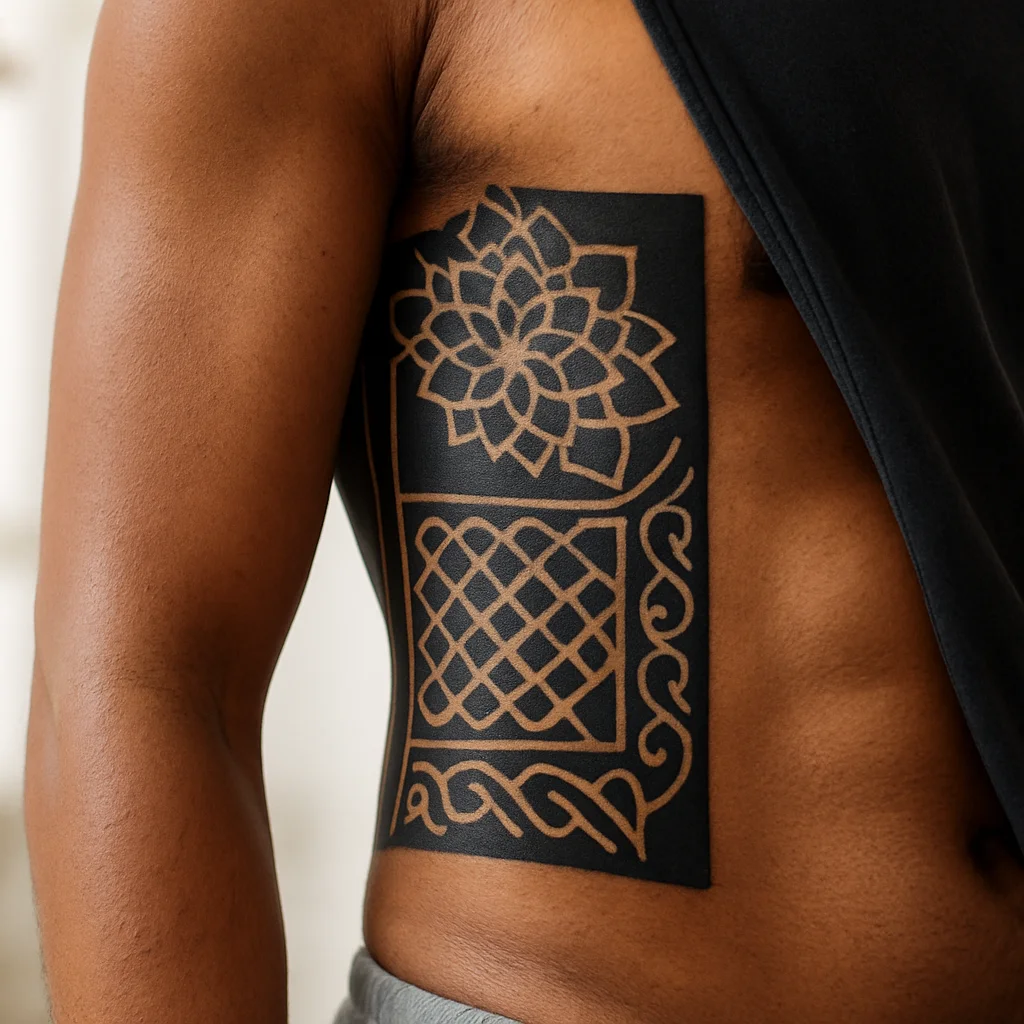 Blackwork panel wrapping from the outer chest onto the side of the ribcage