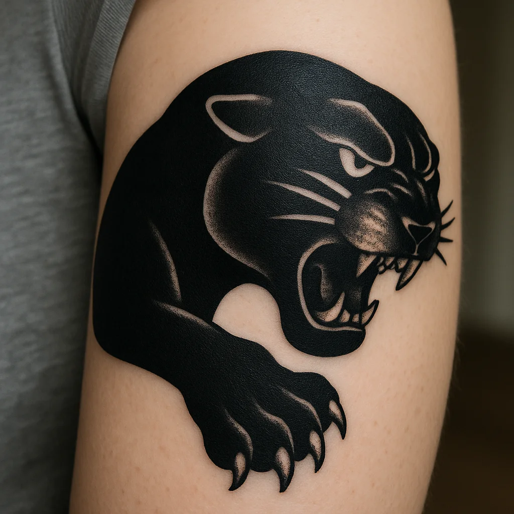 Blackwork panther head with claw angled down the outer forearm