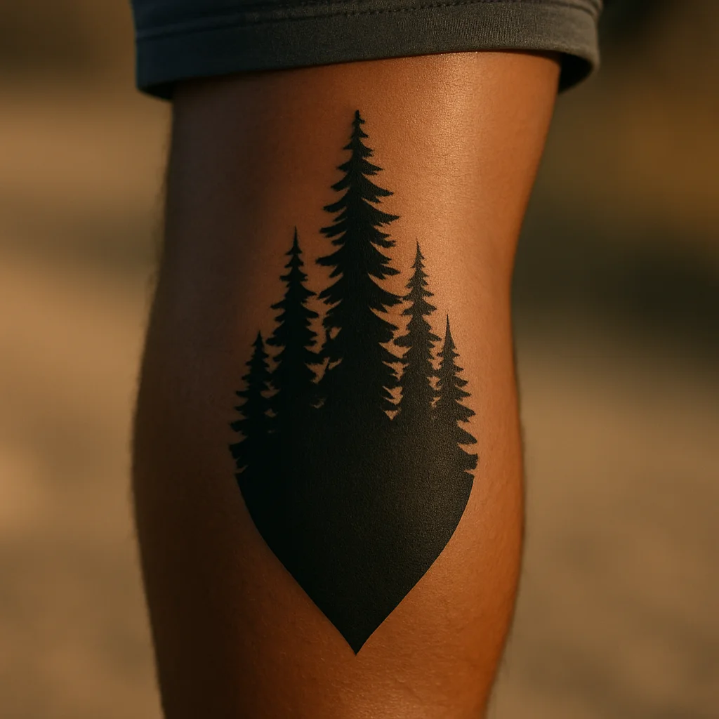 Blackwork pine forest silhouette shaped to the curve of the calf muscle on a man's lower leg