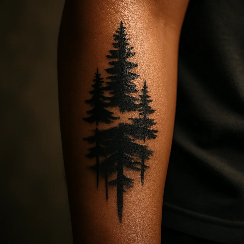 Blackwork pine treeline with negative-space mist bands running down a man's outer forearm
