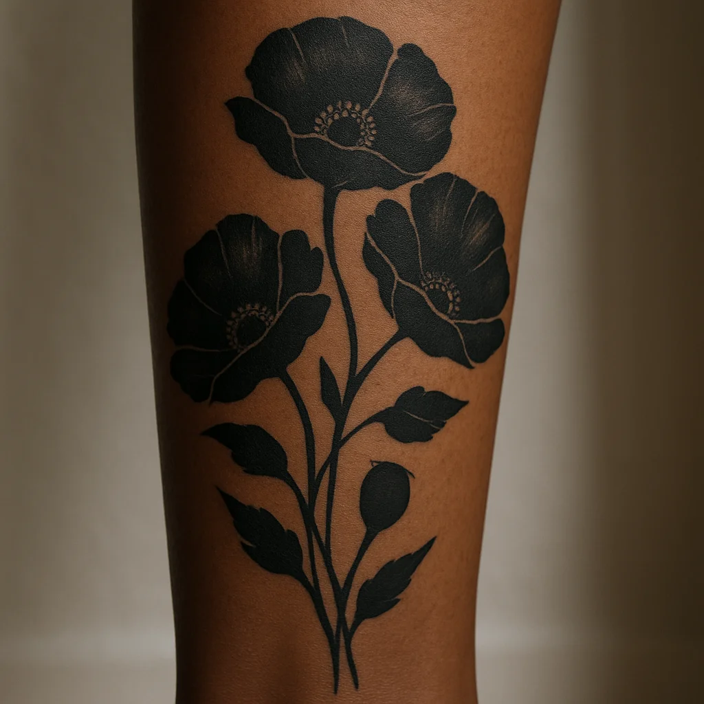 Blackwork poppy wrap tattoo with brushy petal fills on the calf