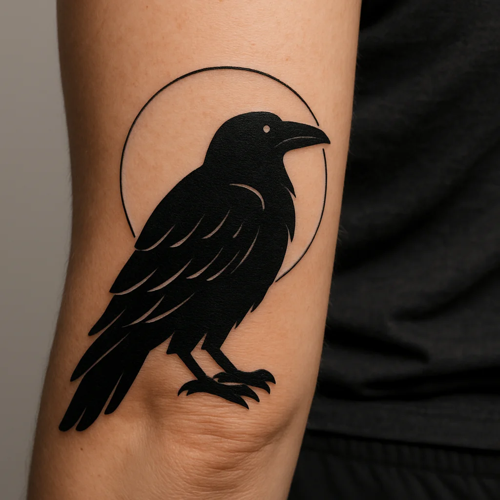 Blackwork raven with negative-space moon tattooed on a man's outer forearm