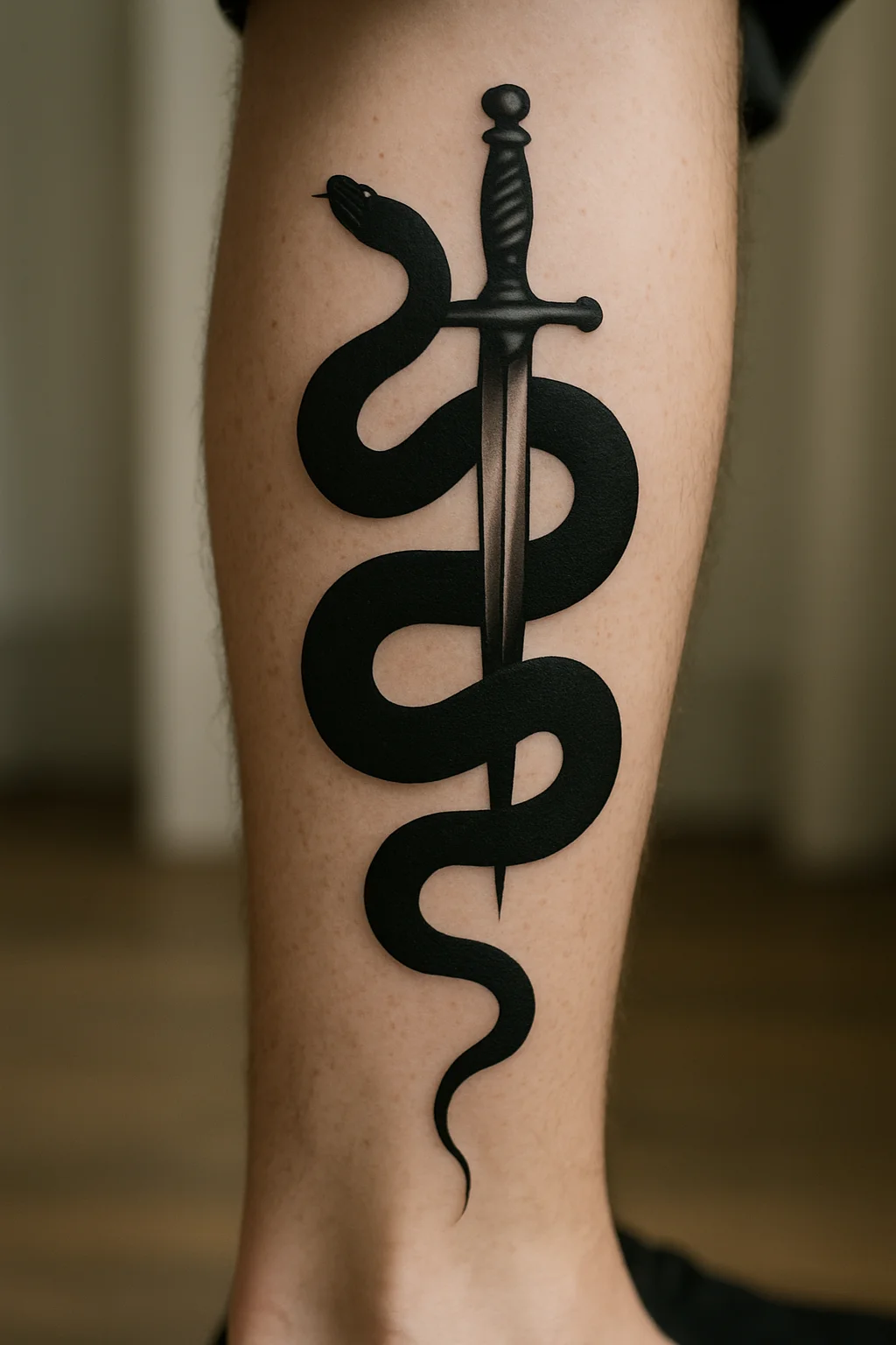 Blackwork serpent spiralling around a dagger tattooed down the calf