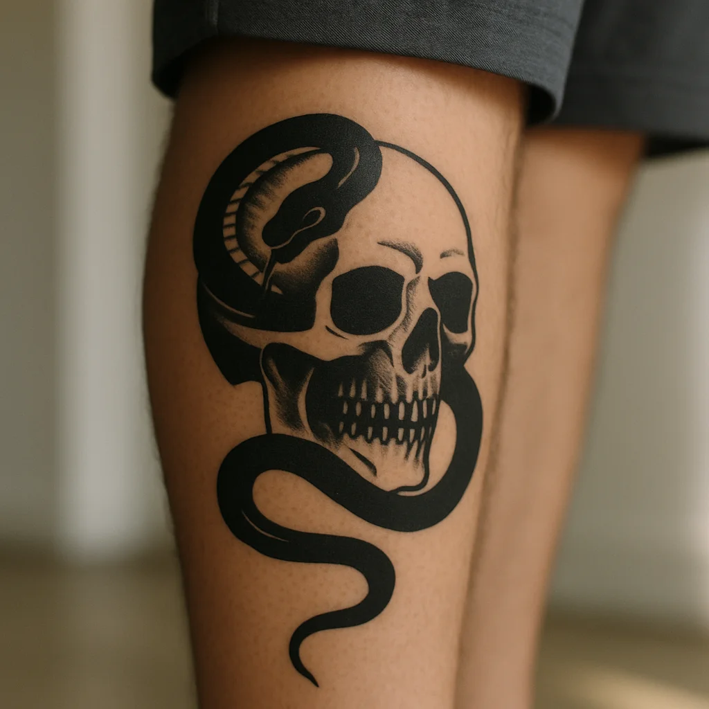Blackwork skull with a snake through the eye socket tattooed on a man's calf