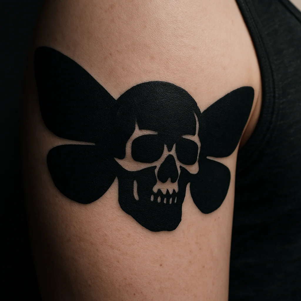 Blackwork skull with moth wings tattooed across a man's upper arm