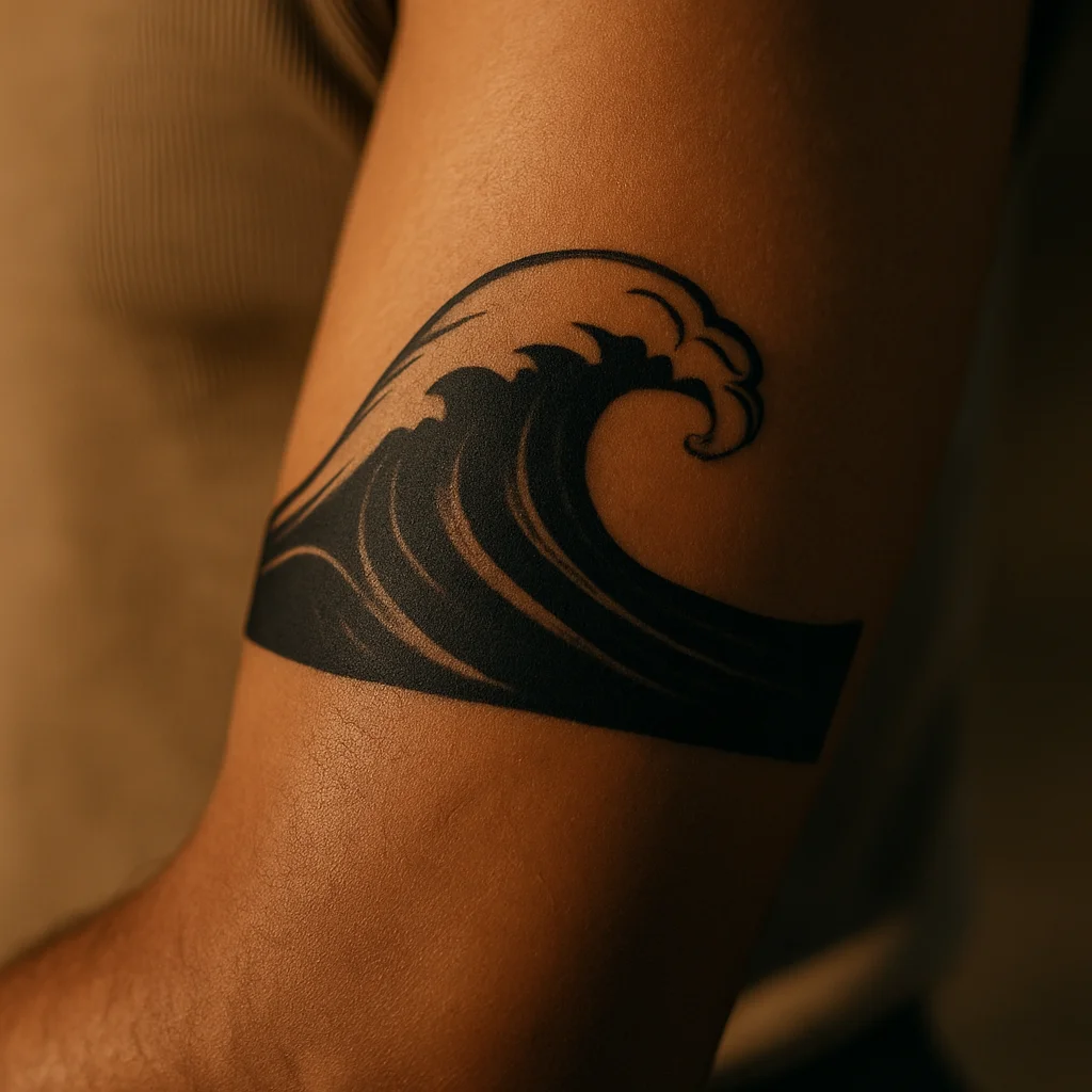 Blackwork stylised wave with a curling crest spanning the inner forearm