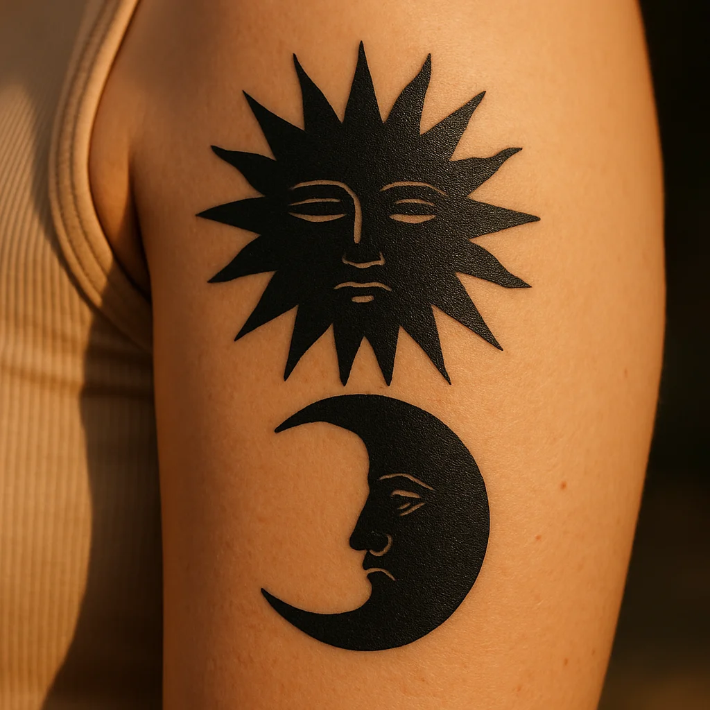 Blackwork sun and moon faces stacked vertically down a woman's outer upper arm
