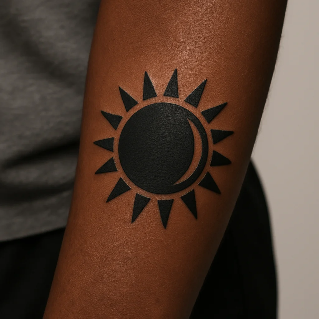 Blackwork sun disc tattoo with negative space rays on the outer wrist