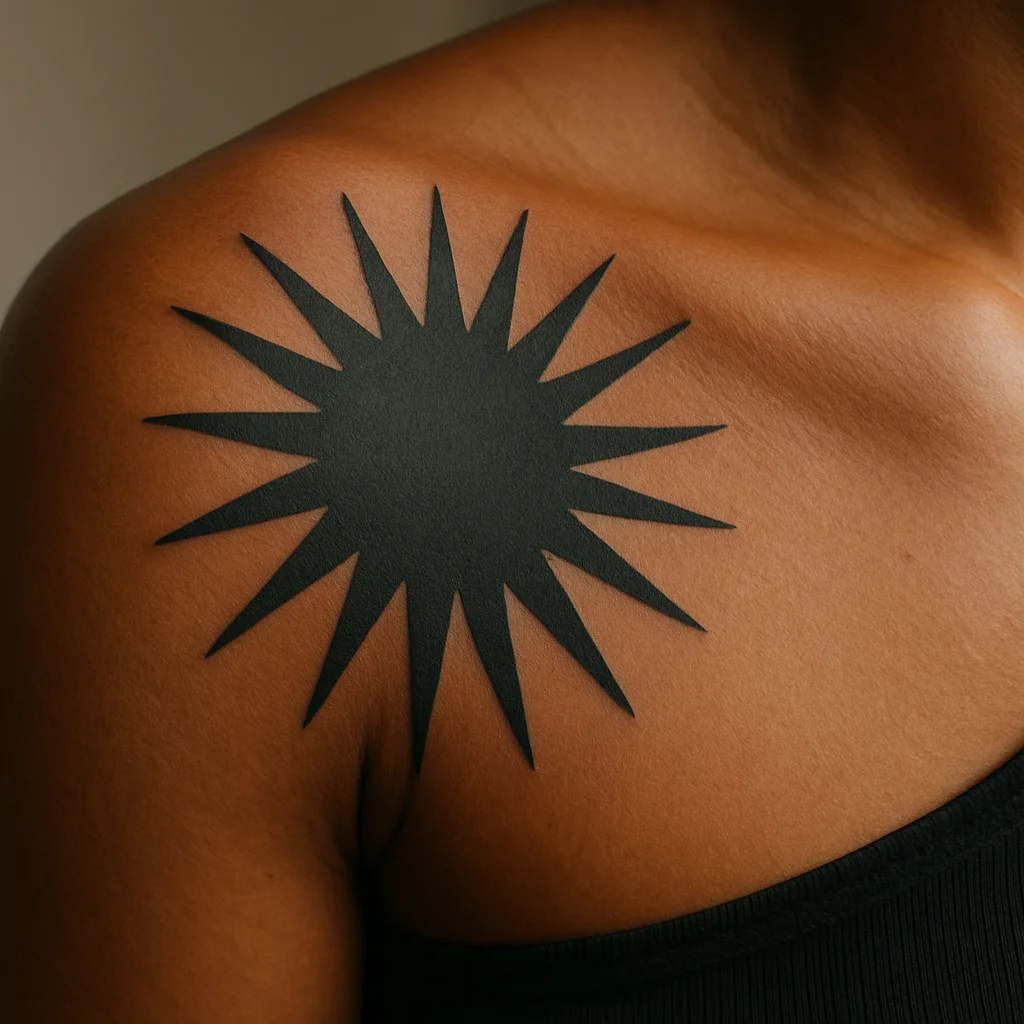 Blackwork sunburst with tapered rays covering the deltoid cap