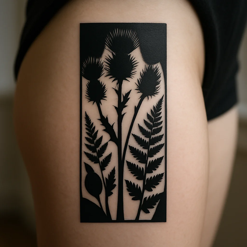 Blackwork thistle and fern silhouette panel tattoo on the outer thigh