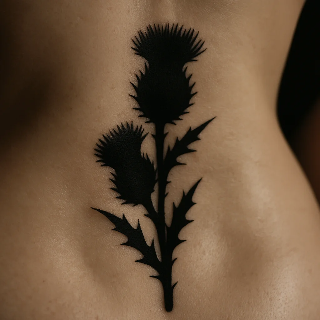 Blackwork thistle tattoo climbing from the sacrum up the spine with spiked stem and solid heads