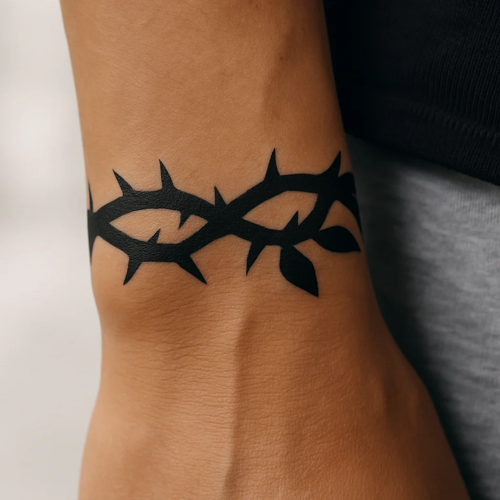 Blackwork thorn vine band tattoo wrapping once around the wrist