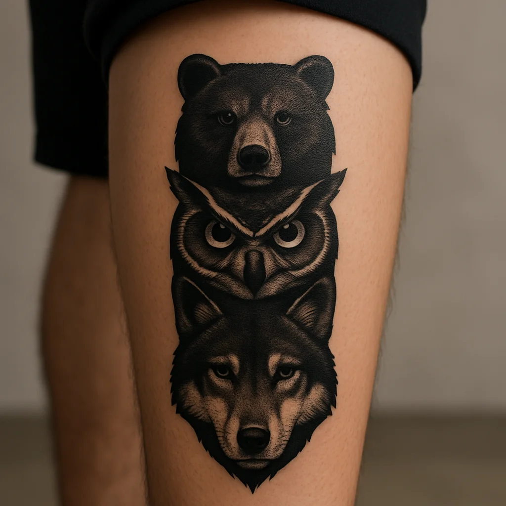 Blackwork totem stack of bear, owl and wolf heads tattooed down a man's calf