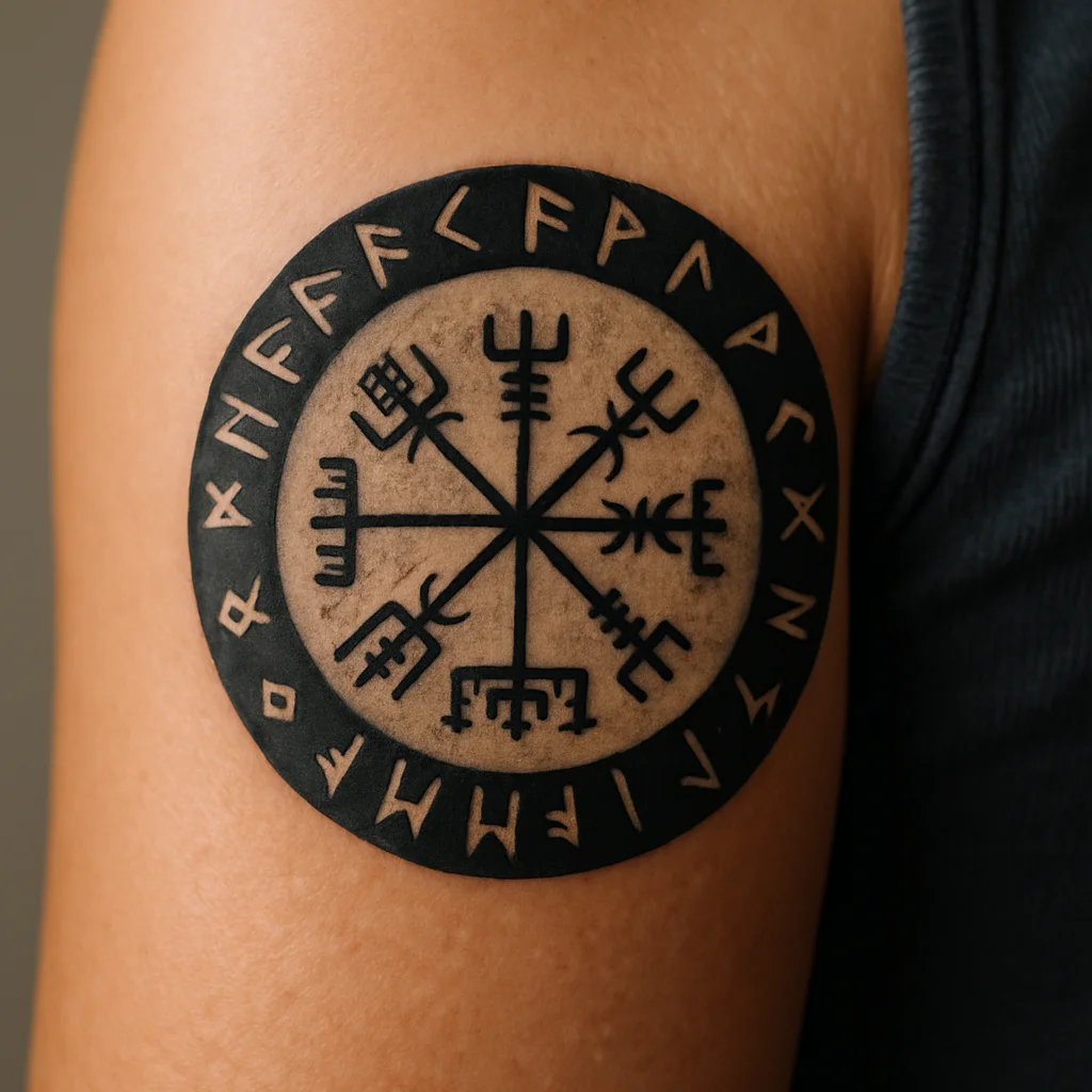 Blackwork vegvisir and runic ring tattoo on a man's upper arm