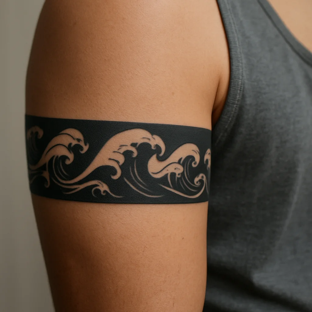 Blackwork wave armband circling a woman's upper arm