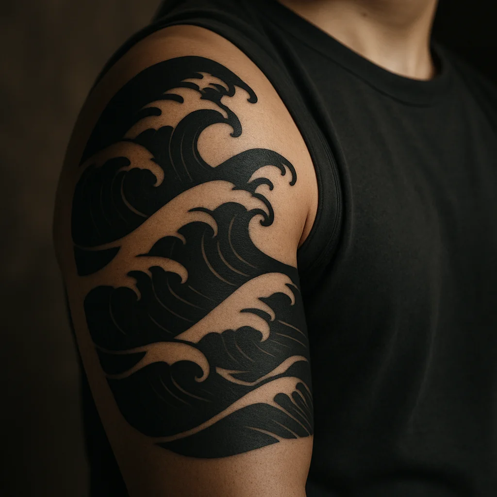 Blackwork wave half sleeve with negative space from shoulder to elbow on upper arm