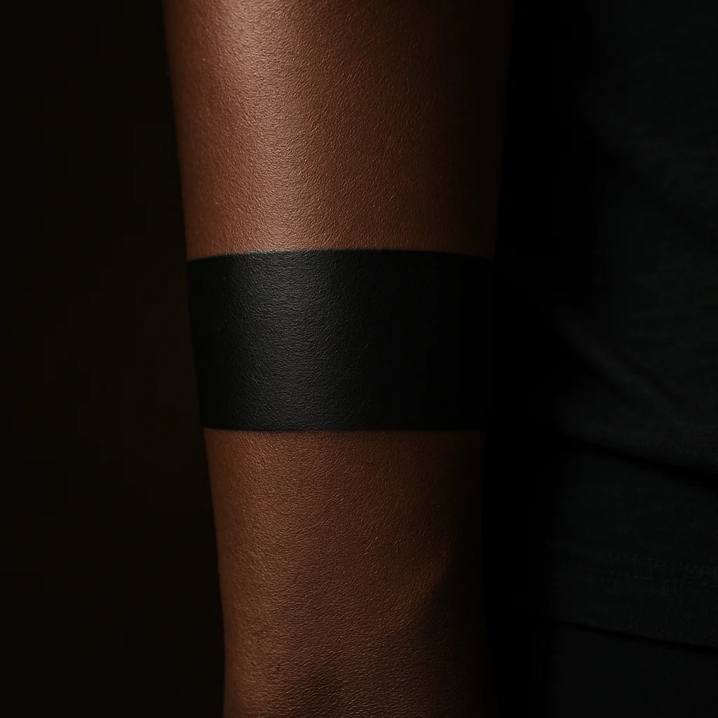 Bold blackwork band on a man's outer forearm with open space left for future tattoos