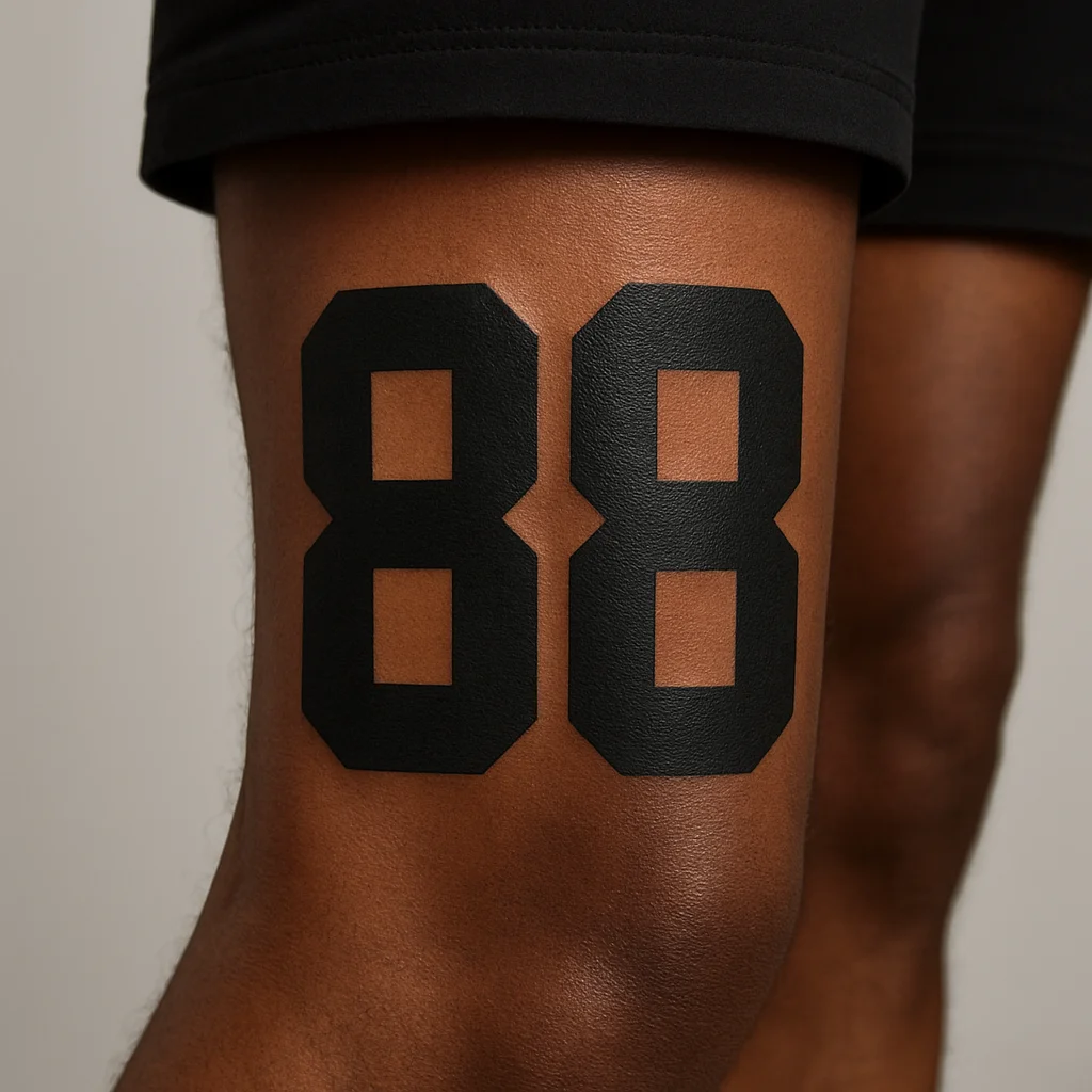 Bold blackwork two-digit jersey number memorial tattoo on the calf