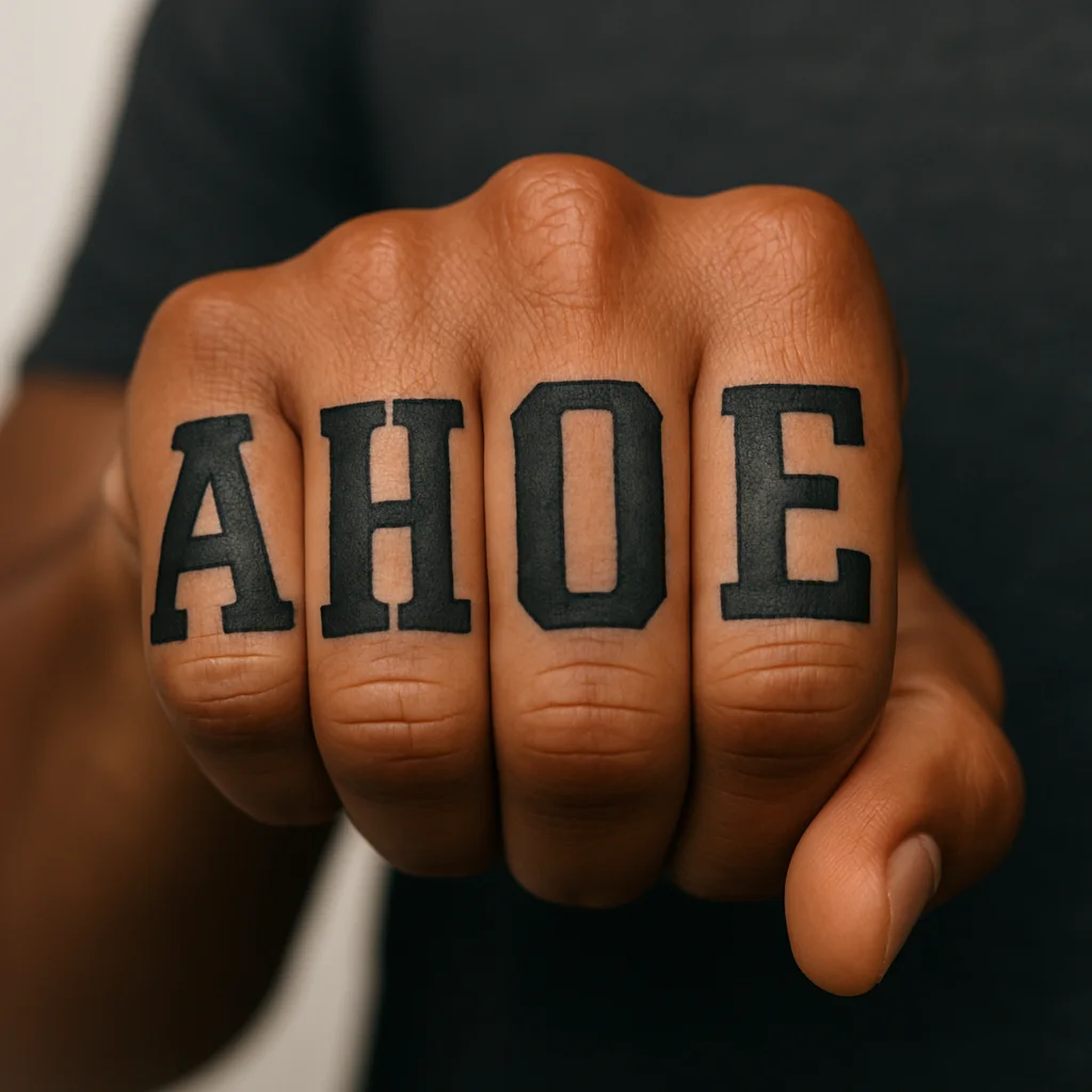 Bold block knuckle lettering with one letter per finger tattooed across a man's knuckles