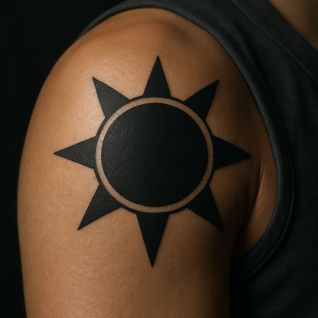 Bold circular sun disc anchor tattoo on a man's shoulder cap