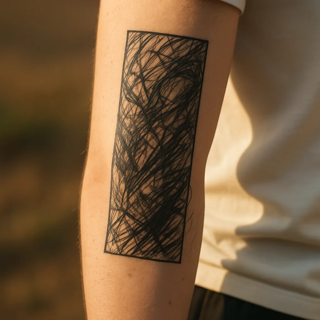 Bold illustrative forearm panel with tapering linework running from elbow to wrist on a man's outer forearm