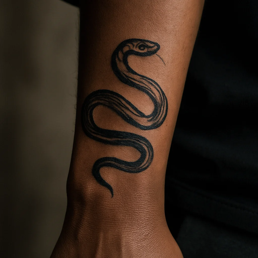 Bold illustrative snake tattoo coiled over the wrist bone onto the outer forearm