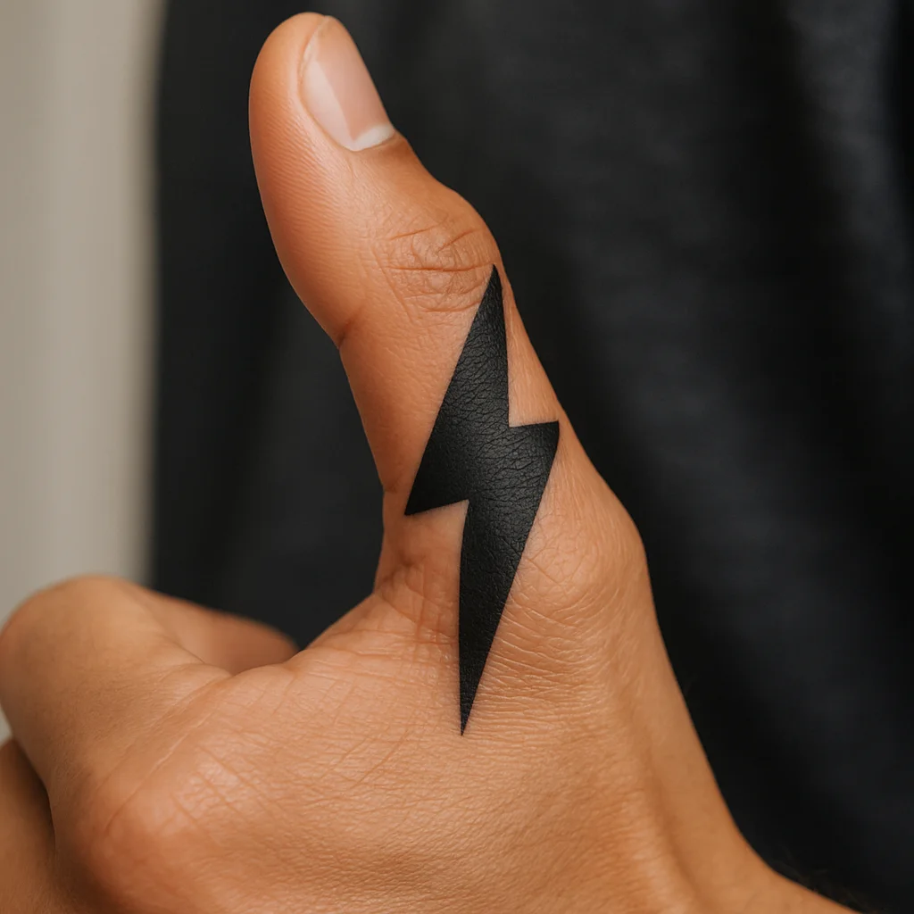 Bold lightning bolt tattoo on the outer edge of a thumb