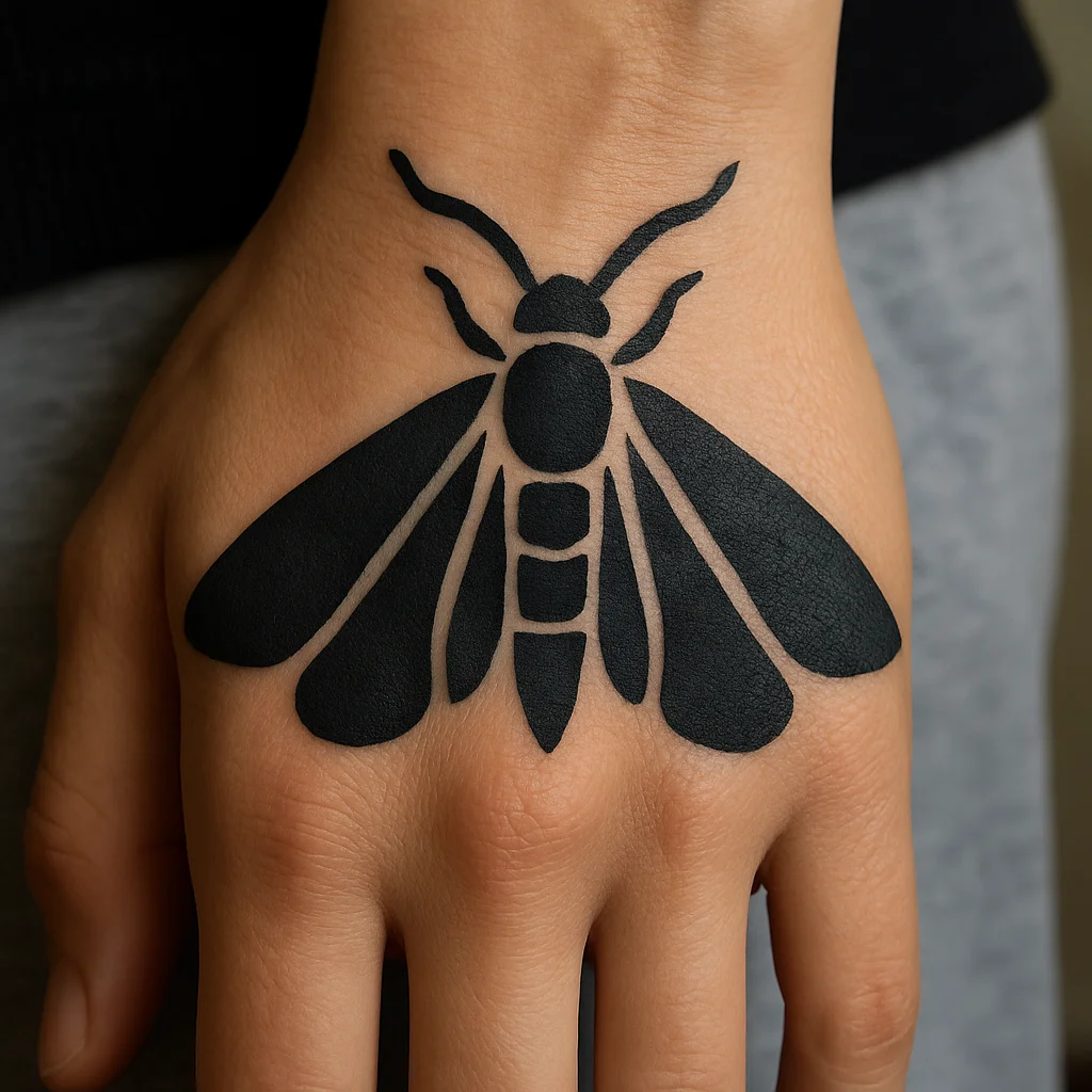 Bold-line moth with chunky wings spread across the tendons on the back of a man's hand