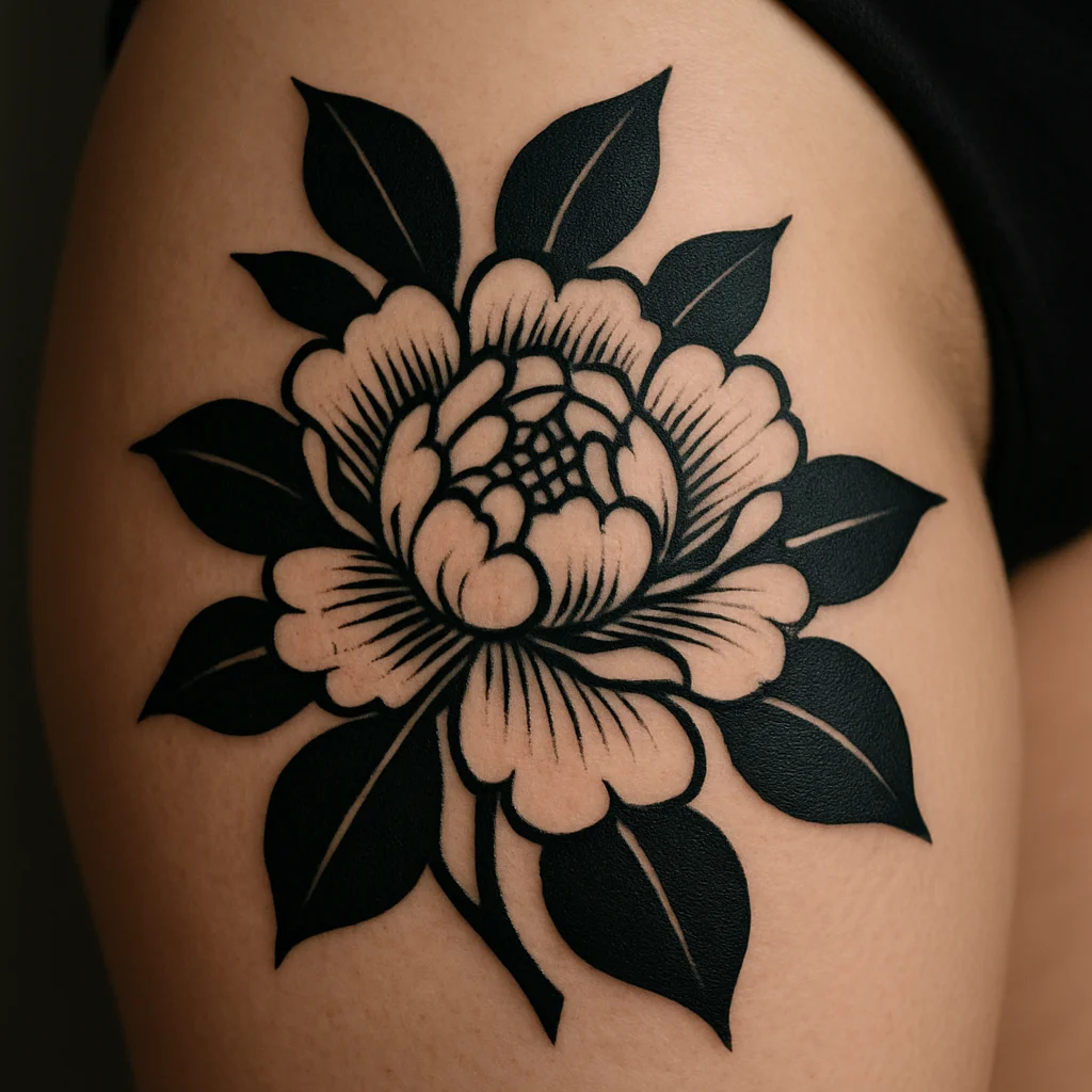 Bold-line peony tattoo with solid black leaves and negative space on a woman's thigh