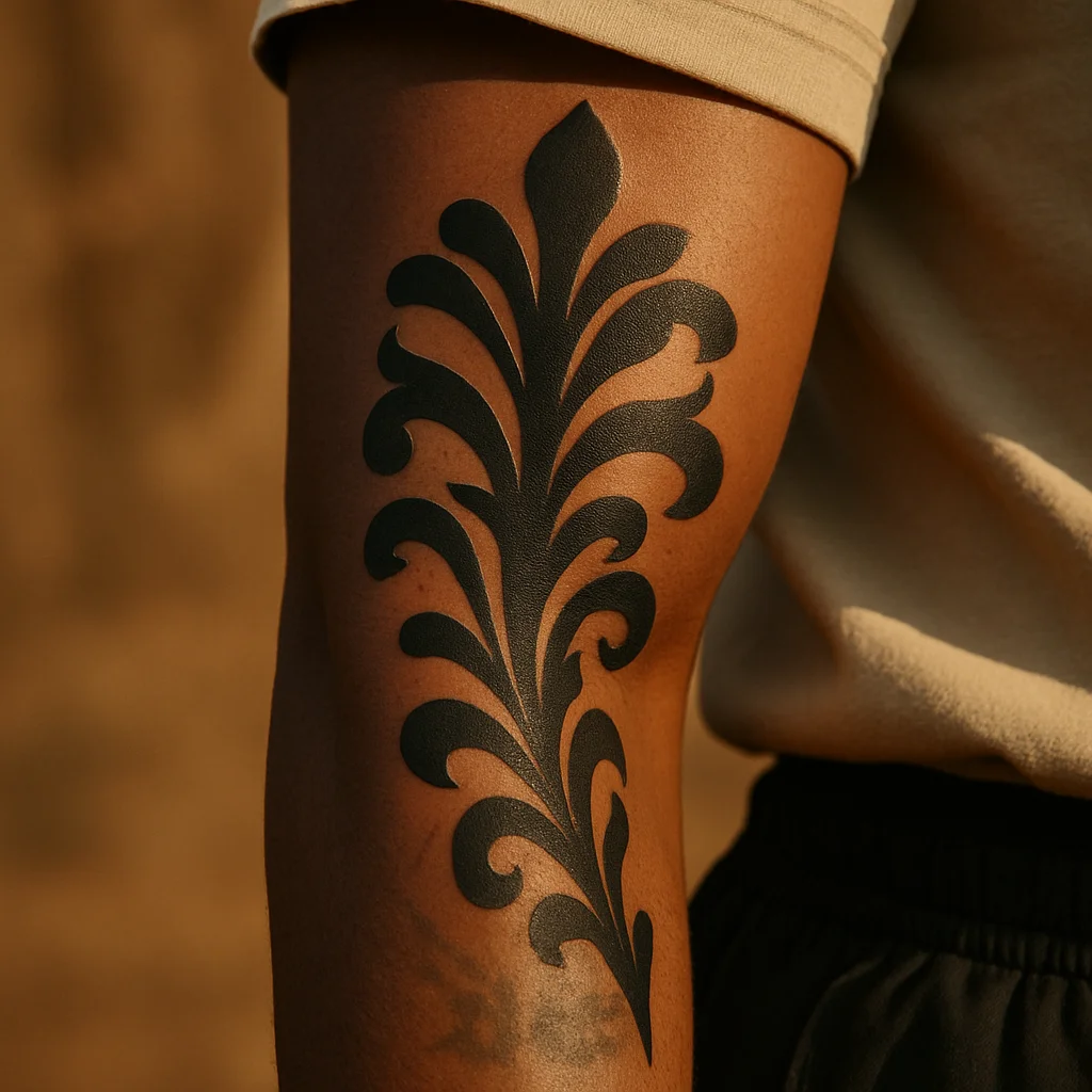 Bold ornamental blackwork cover-up over faded script on an inner forearm after a few laser fading sessions