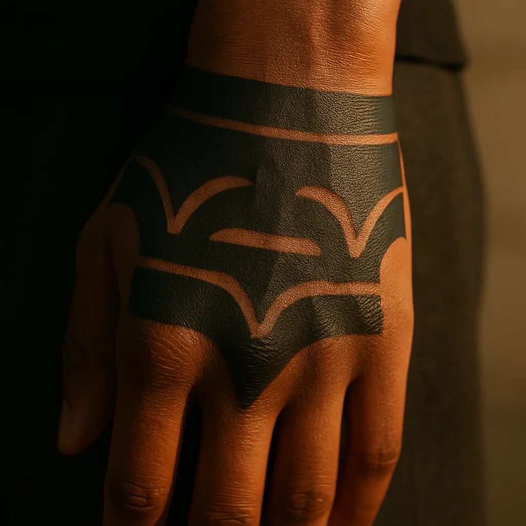 Bold ornamental blackwork panel with wide negative space spread across a man's back of the hand