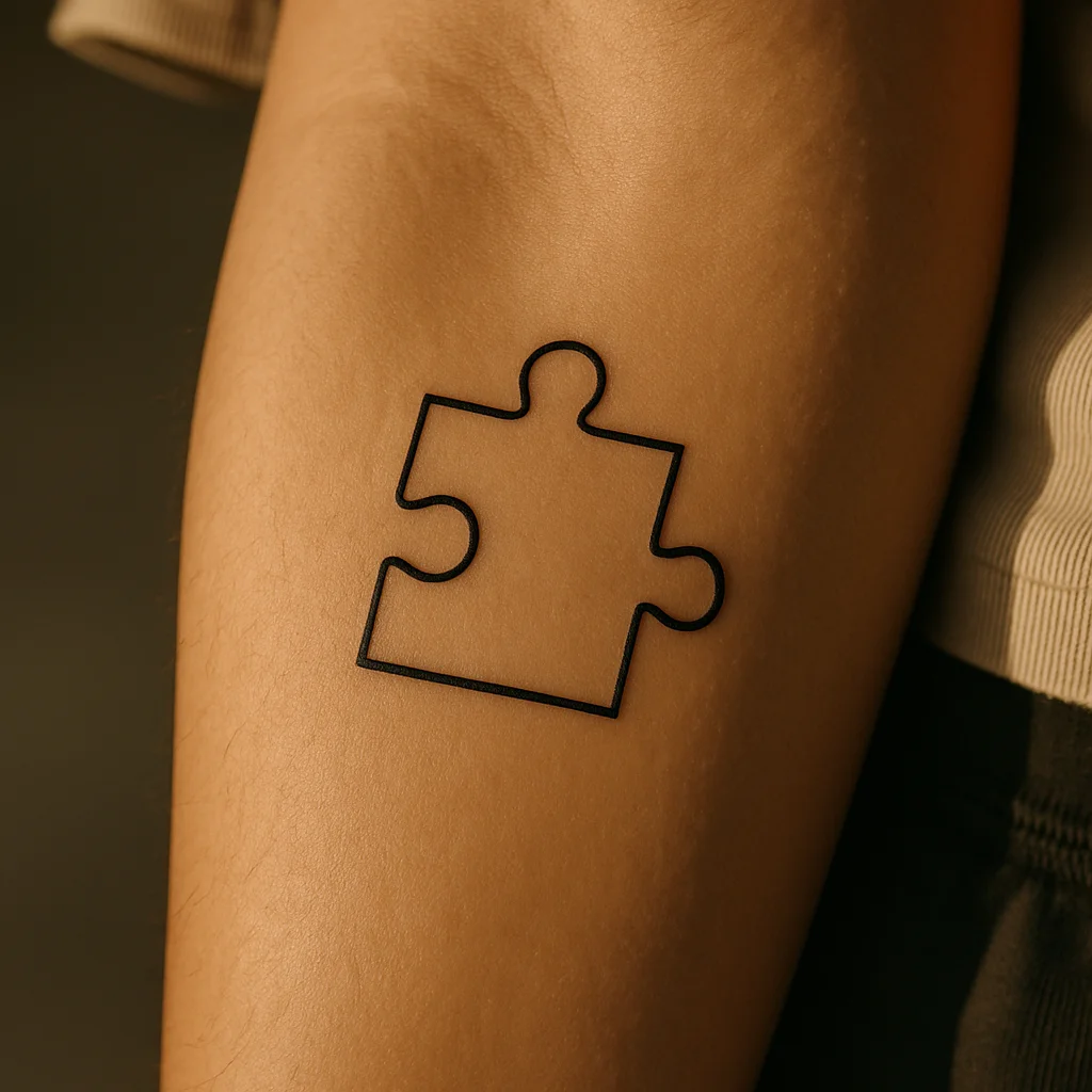 Bold outlined puzzle piece tattoo on the inner forearm near the wrist