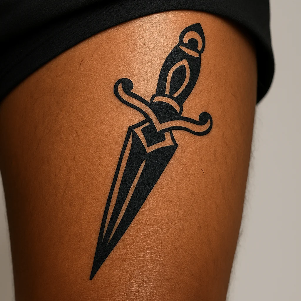 Bold traditional dagger tattoo pointing toward the knee on the inner thigh