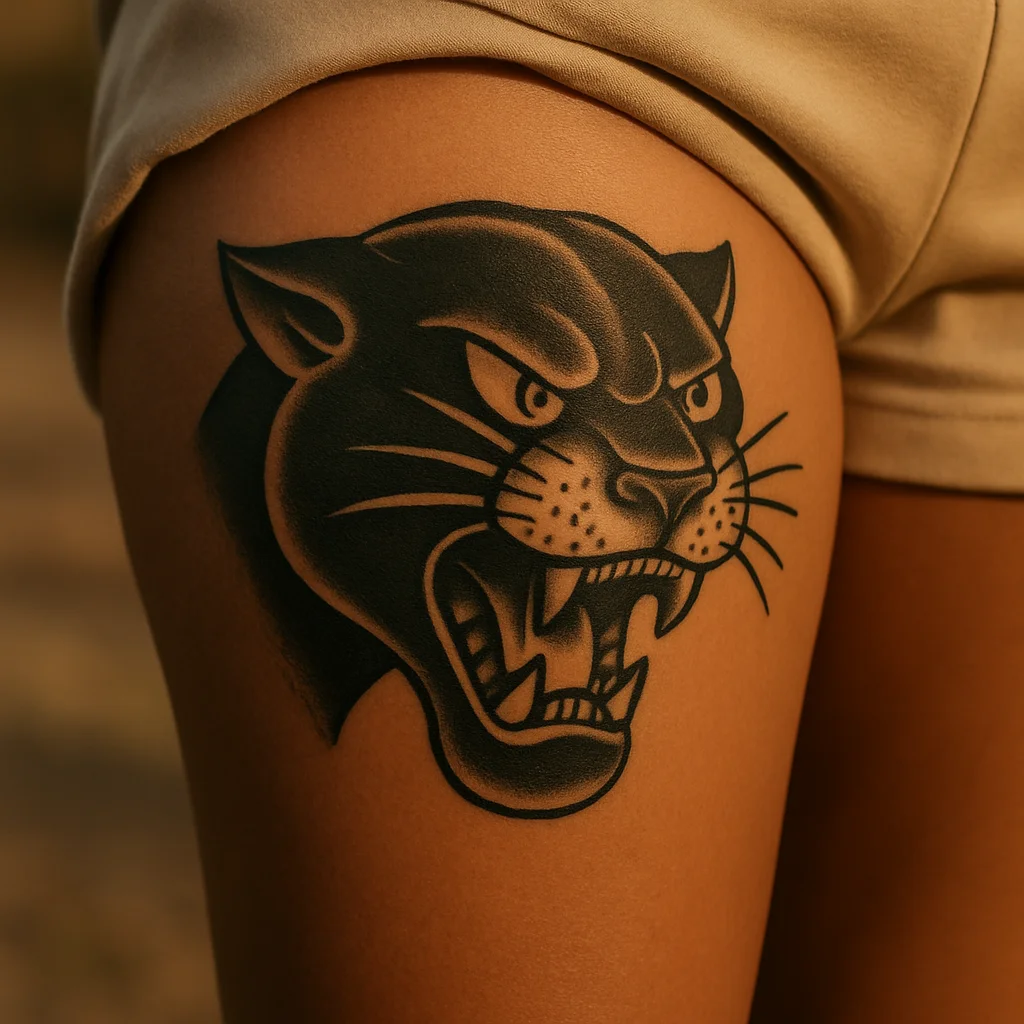 Bold traditional panther head with drapery on the outer thigh as a shorts-length leg sleeve