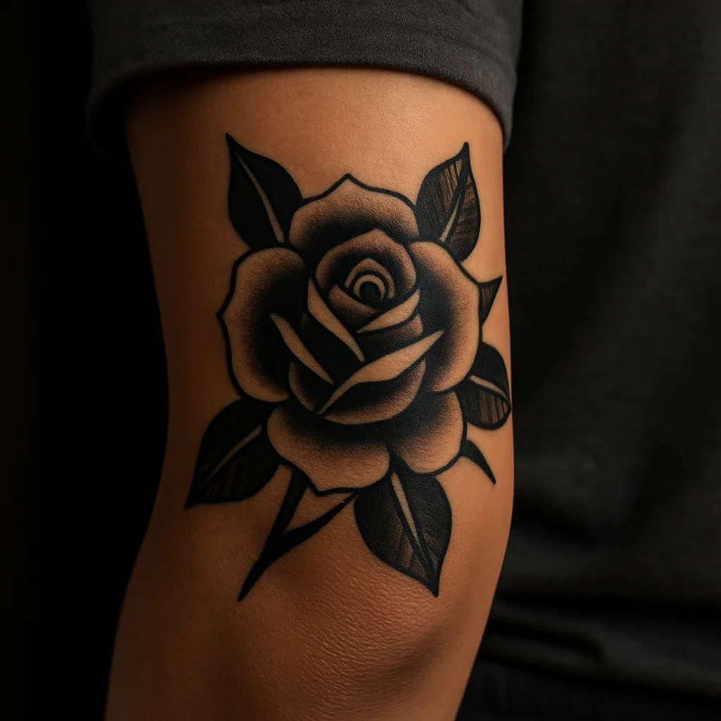 Bold traditional rose wrapping the inner elbow and inner forearm as part of a sleeve
