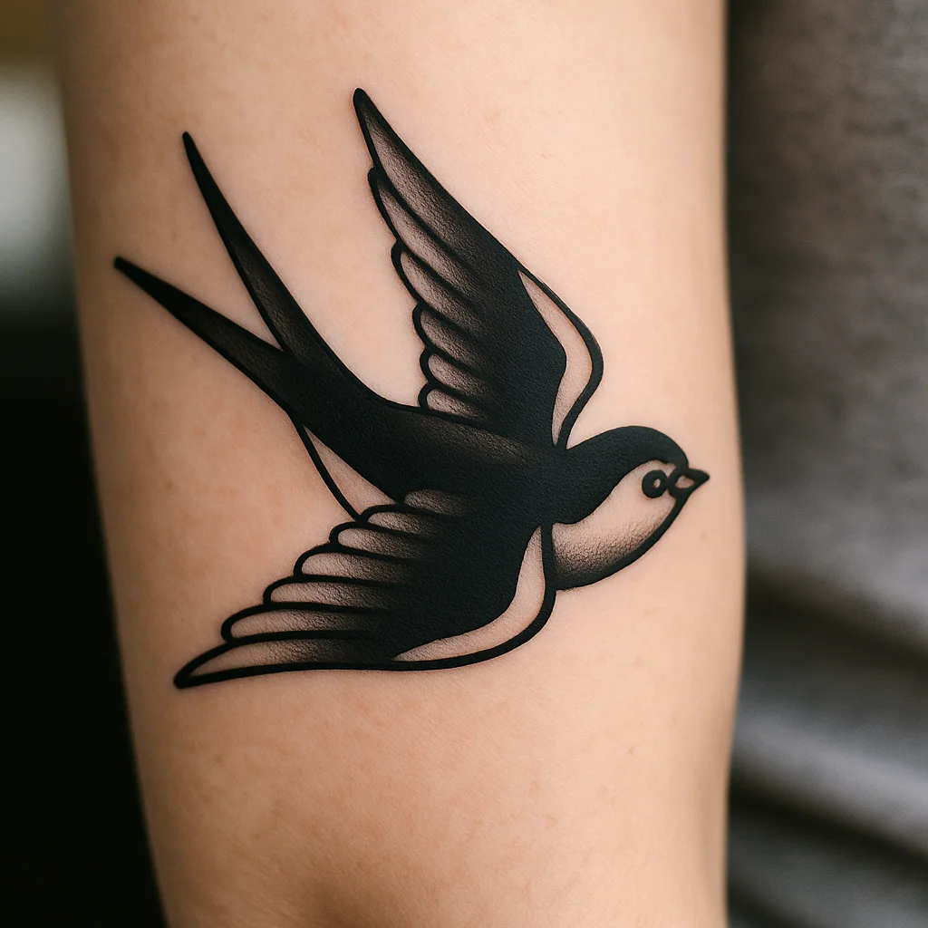 Bold traditional swallow tattoo, palm-sized, healed on the outer forearm