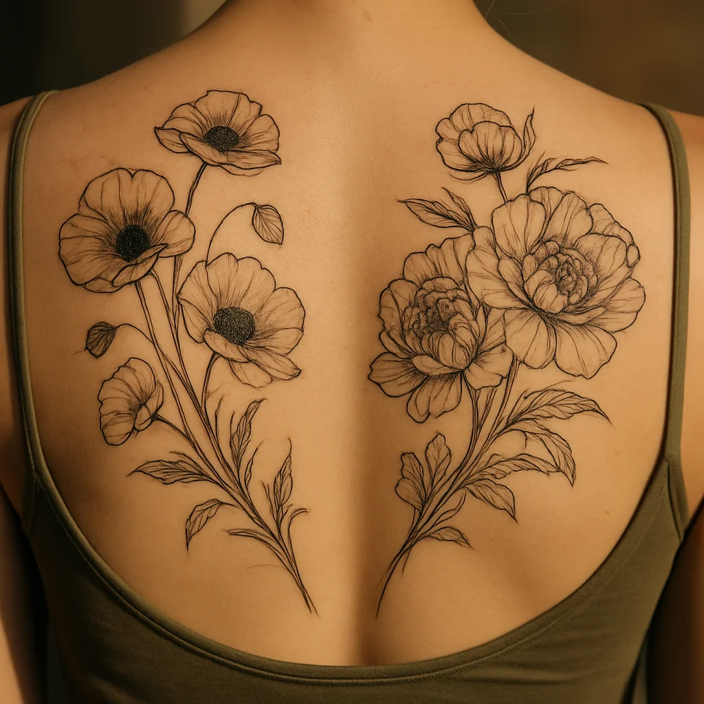 Botanical arch tattoo of poppies and peonies framing both shoulder blades