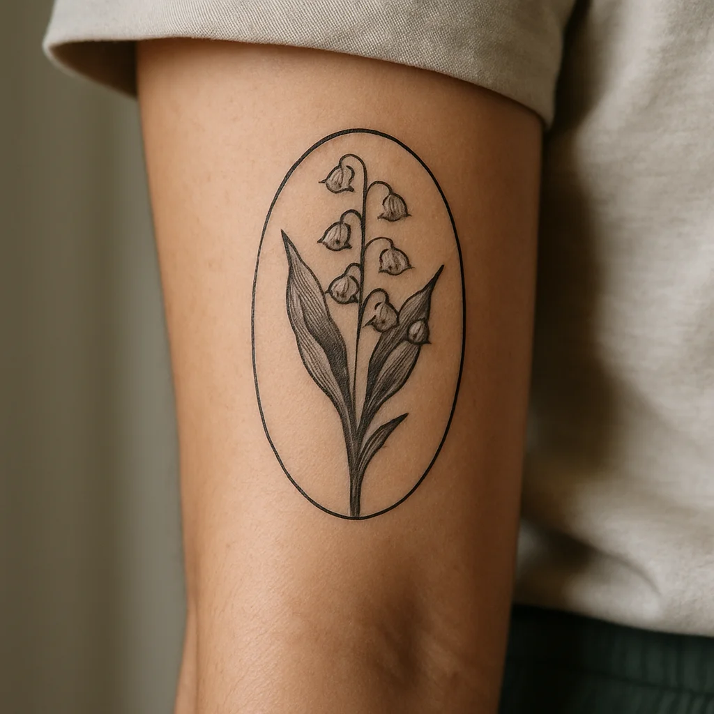 Botanical plate lily of the valley in an oval frame with latin caption on the outer forearm