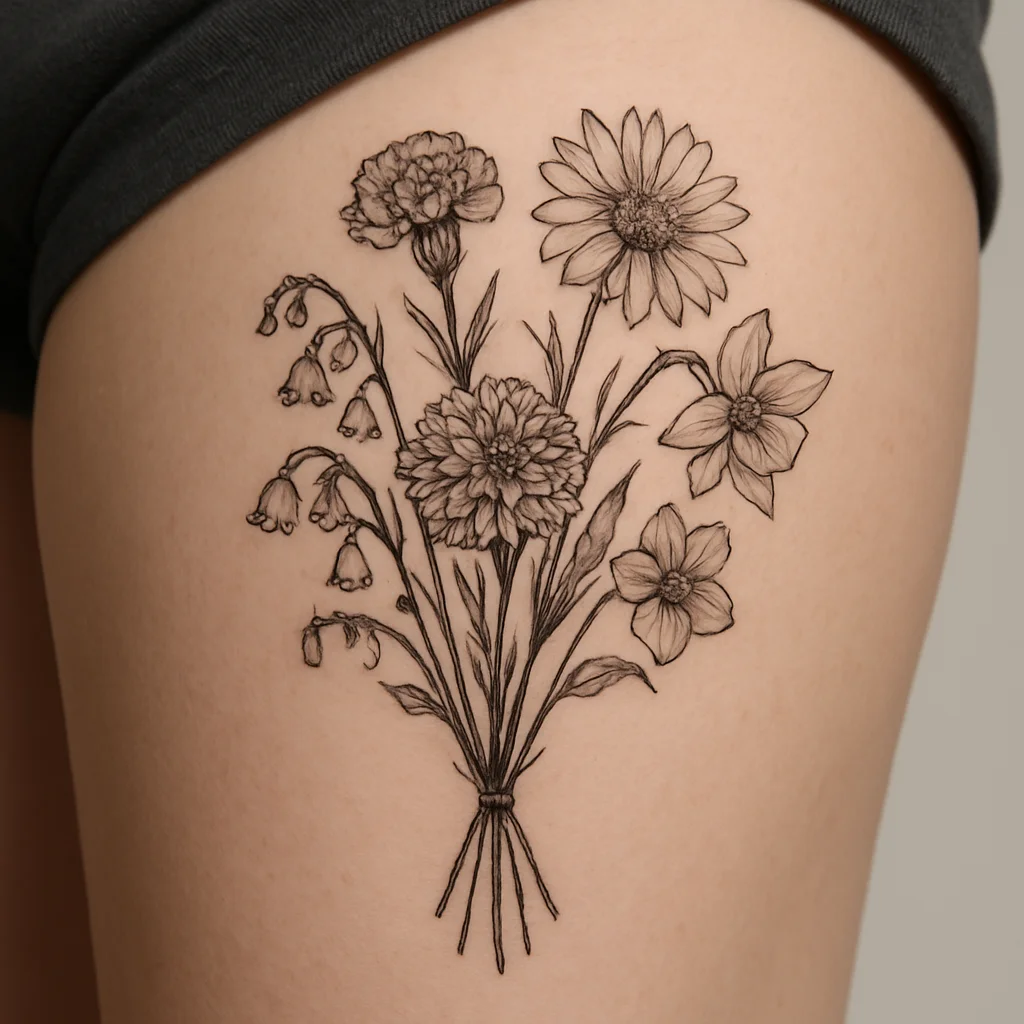 Bouquet of birth-month flowers with birthdates at the base, illustrative thigh tattoo