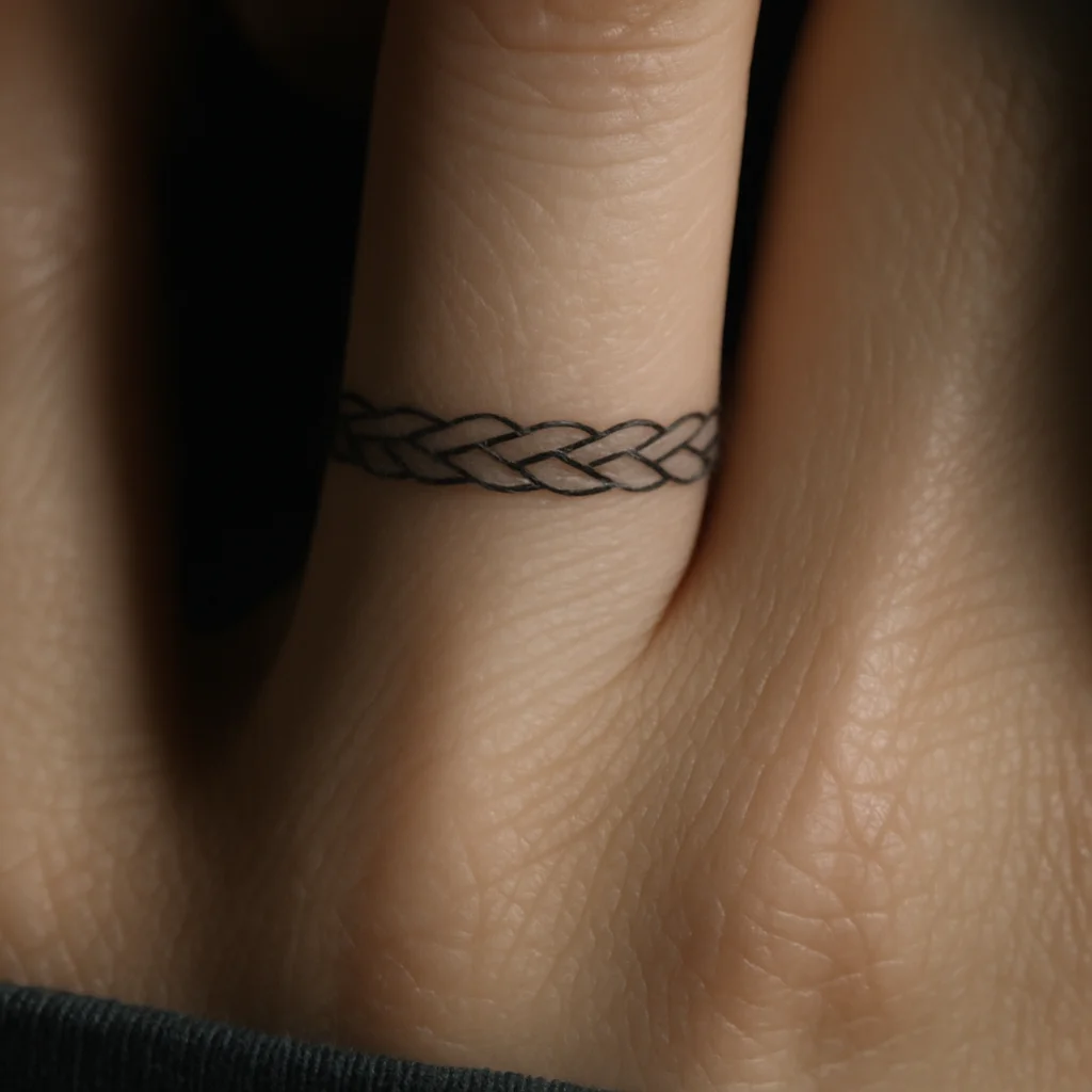 Braided rope band tattoo around the base of a finger