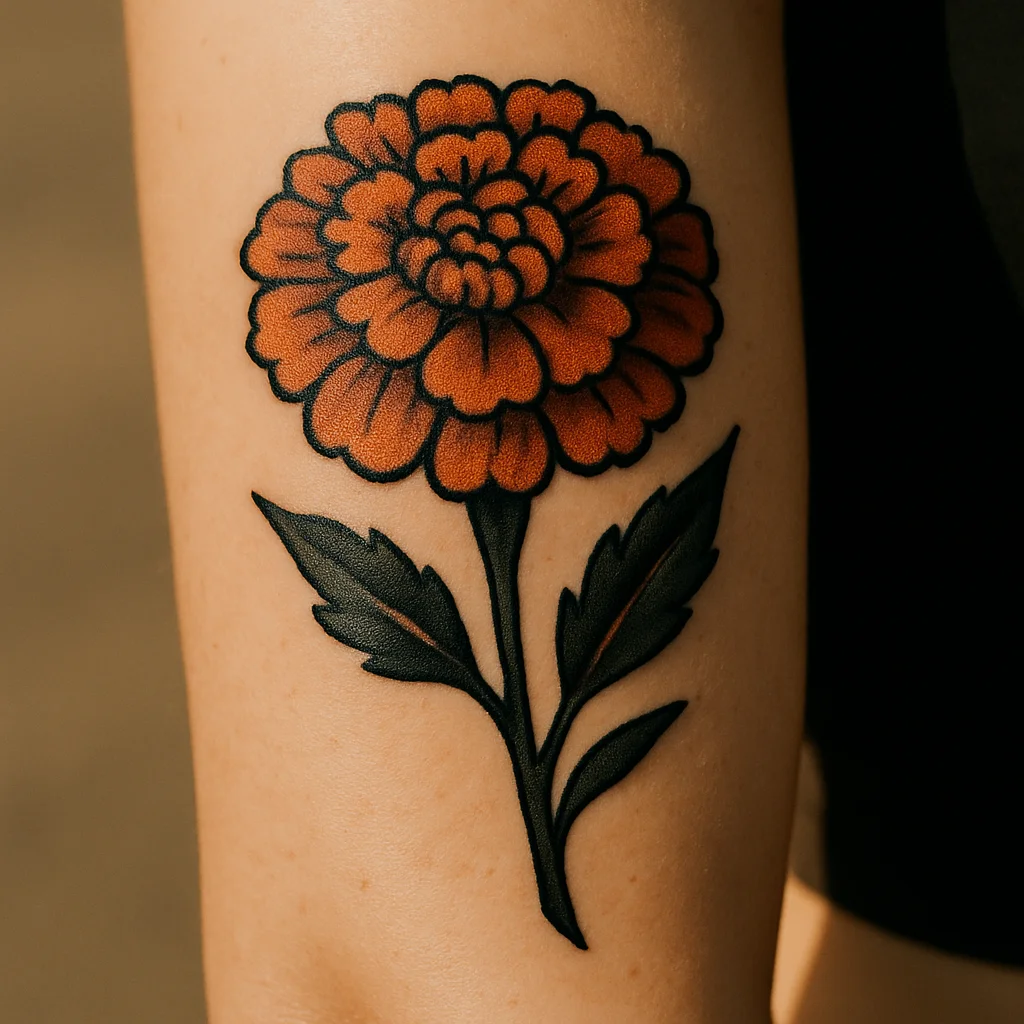 Burnt-orange marigold with solid black outline and rust shading tattooed on the outer forearm