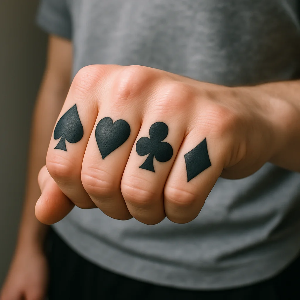 Card suit symbols in solid black tattooed one per knuckle across four fingers