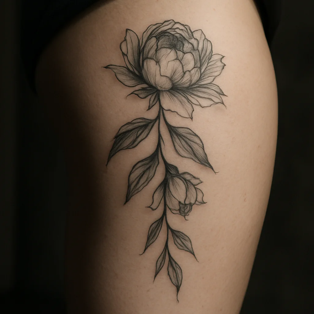 Cascading peony tattoo with soft grey shading down the outer thigh