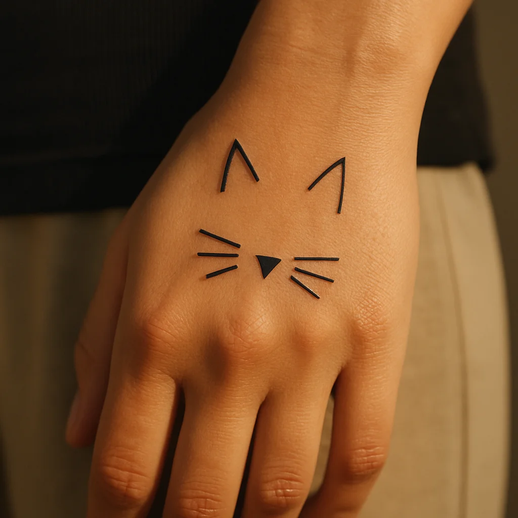 Cat face with two triangle ears and three whiskers, minimalist tattoo on back of the hand